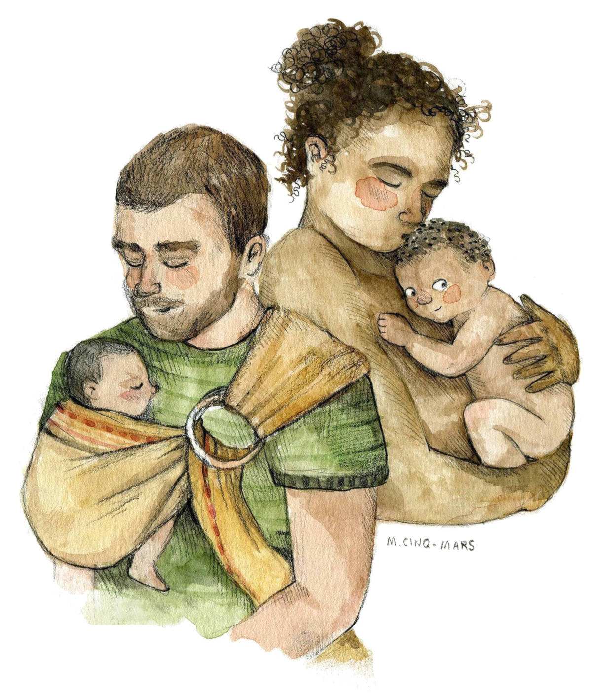 Illustration INPE d’un papa qui fait du portage bébé en ring sling et une maman et son bébé en peau à peau